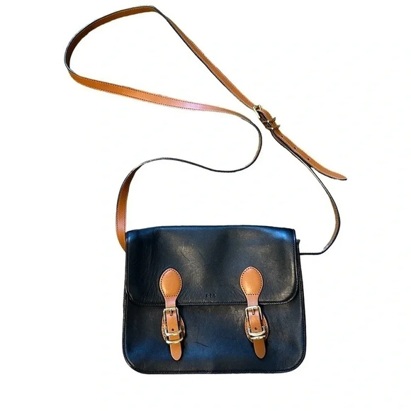 Lauren Ralph Lauren Handbags - Lauren Ralph Lauren Bexley‎ Heath Medium Messenger Black W/Brown Strap & Buckles